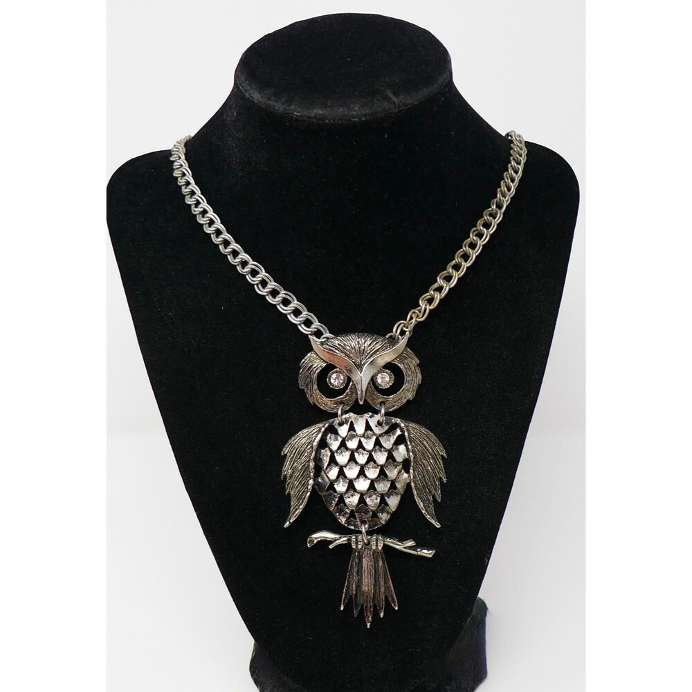 Mid-Century Articulated Pewter Owl Pendant Vintage Necklace Wiggly Boho